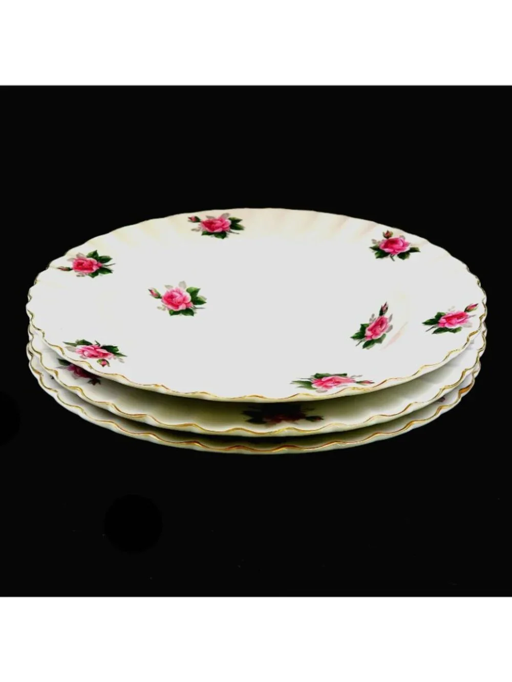 Bond Japan Pink Roses Soup Bowls, Set of 3, Scalloped Gold Rim, Vintage